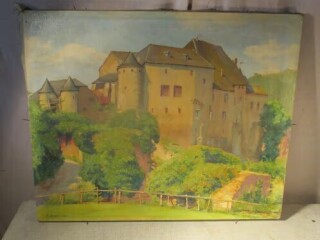 Belle œuvre peinte ancienne « Village sur la colline » - P B